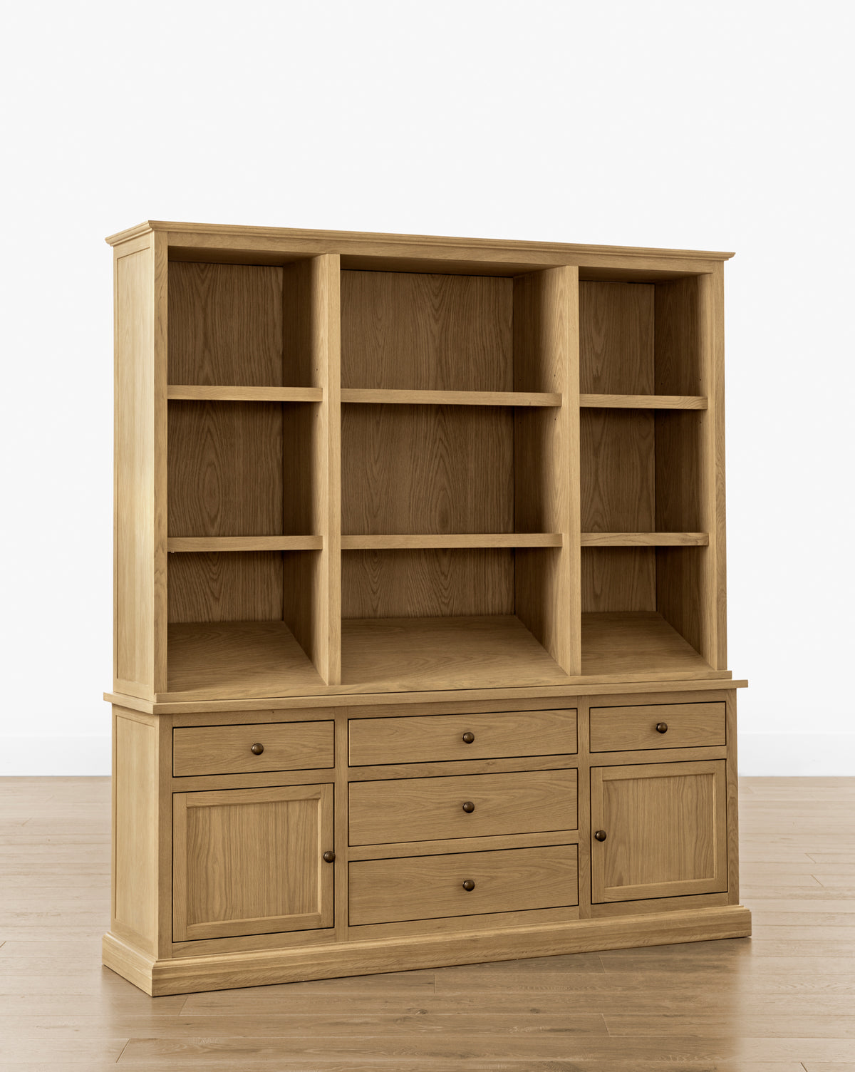 Traditional-Modern Oak Cabinet with Integrated Lighting & Angled Shelf for Living Room