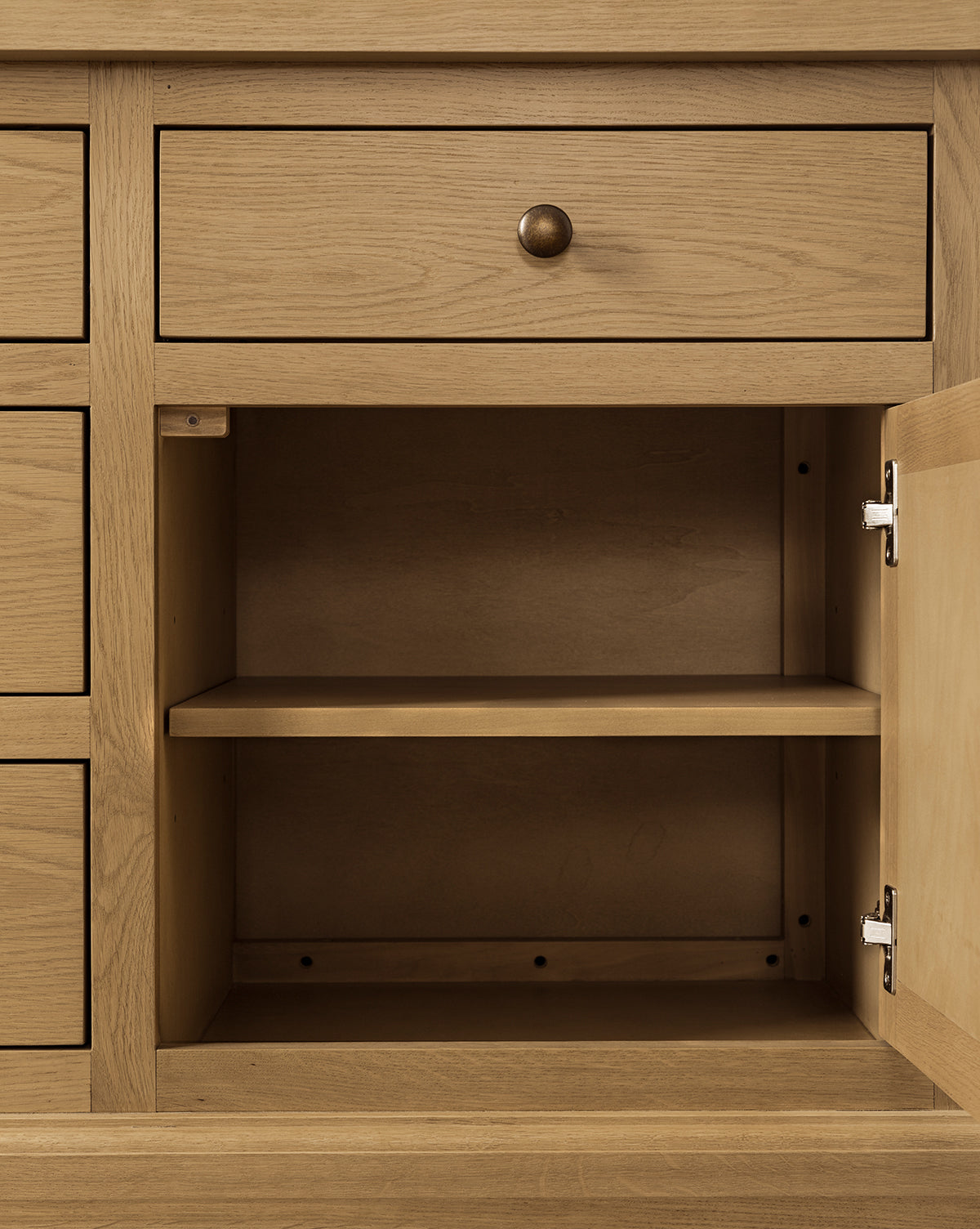 Traditional-Modern Oak Cabinet with Integrated Lighting & Angled Shelf for Living Room