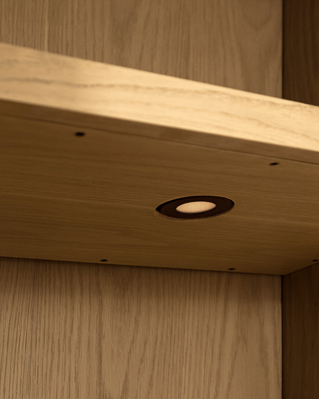 Traditional-Modern Oak Cabinet with Integrated Lighting & Angled Shelf for Living Room