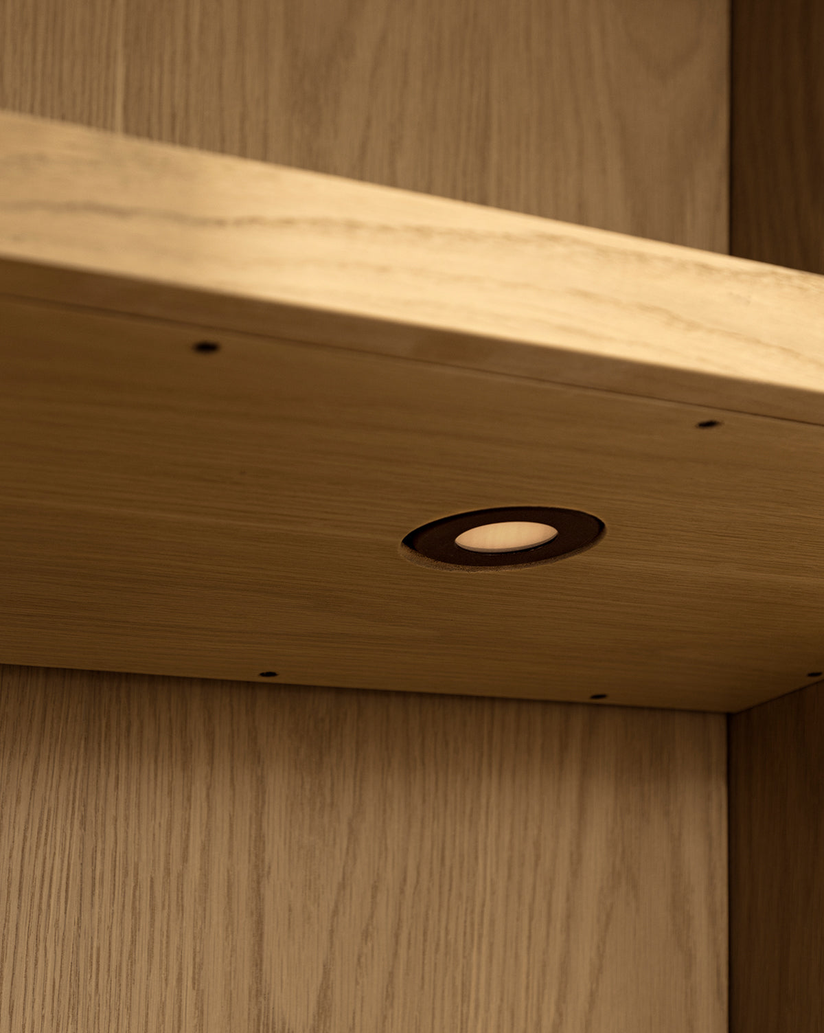 Traditional-Modern Oak Cabinet with Integrated Lighting & Angled Shelf for Living Room