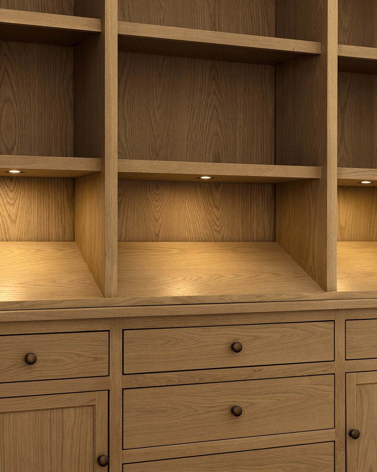 Traditional-Modern Oak Cabinet with Integrated Lighting & Angled Shelf for Living Room