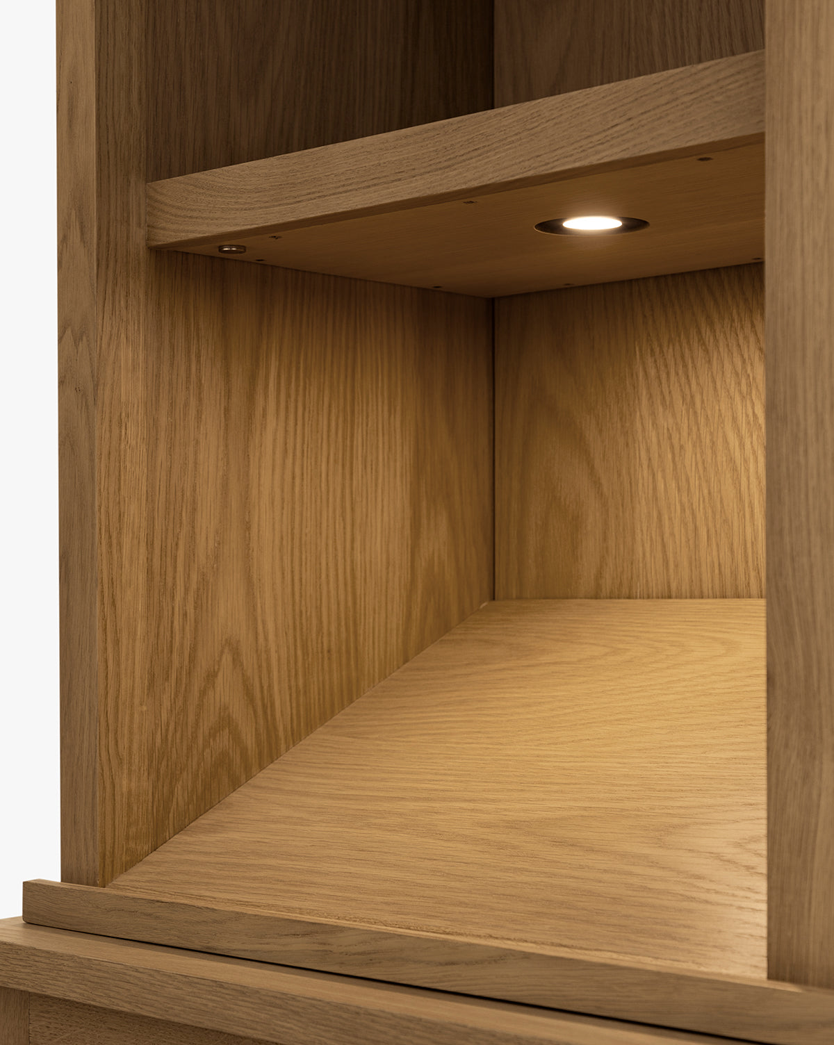 Traditional-Modern Oak Cabinet with Integrated Lighting & Angled Shelf for Living Room