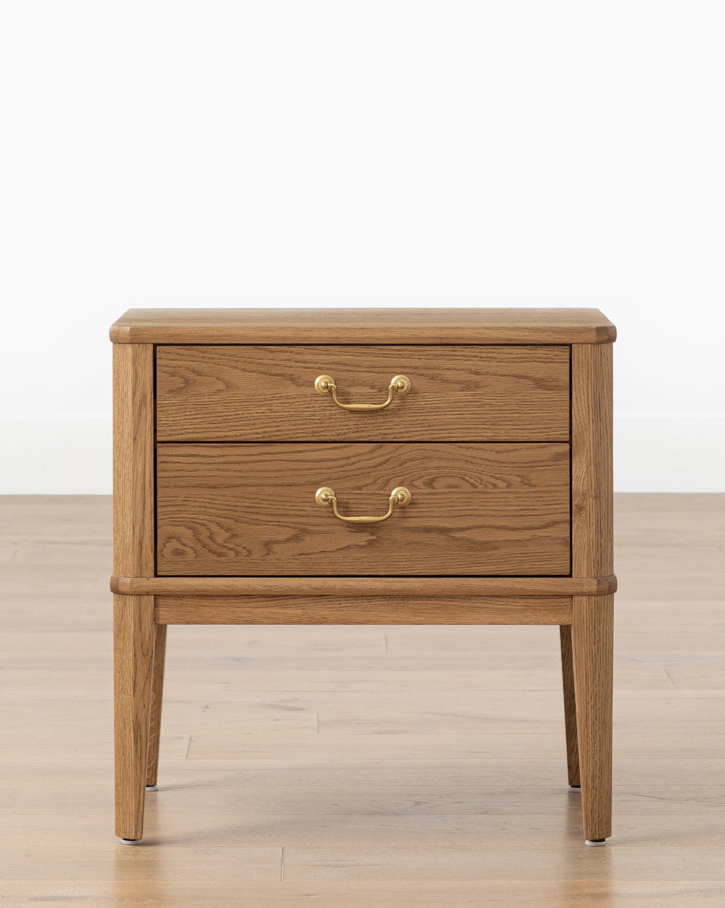 Classic Honey Oak Veneer Nightstand with Drop Pulls & Soft-Close Drawers for Bedroom