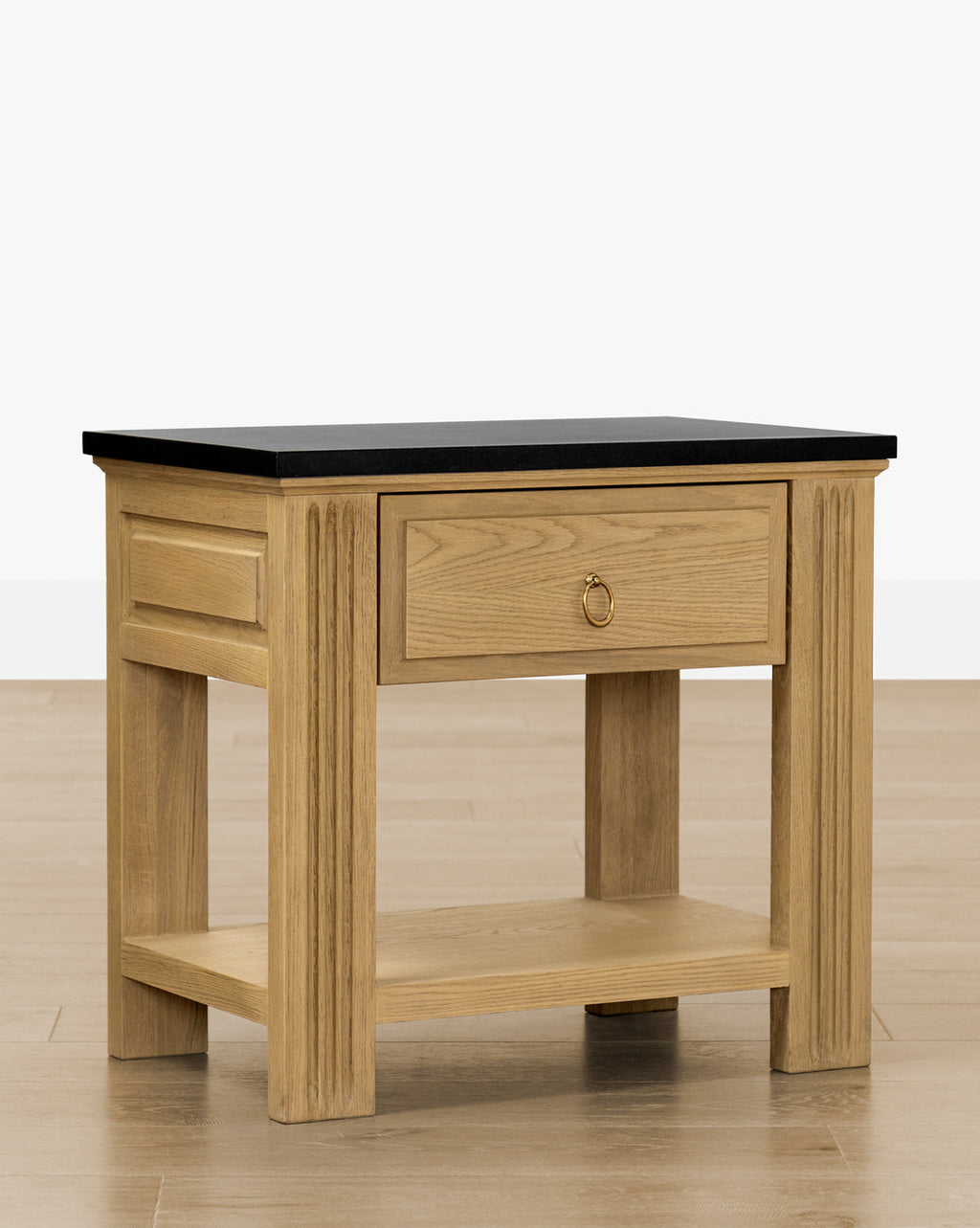 Vintage Drift Oak Nightstand with Granite Top & Fluted Detail for Bedroom