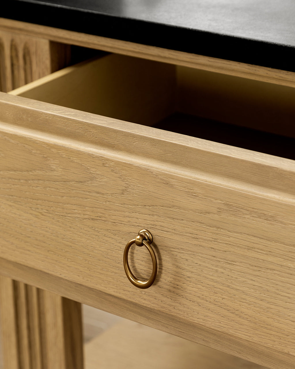 Vintage Drift Oak Nightstand with Granite Top & Fluted Detail for Bedroom