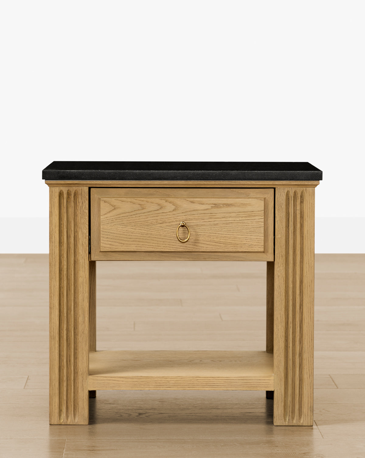 Vintage Drift Oak Nightstand with Granite Top & Fluted Detail for Bedroom
