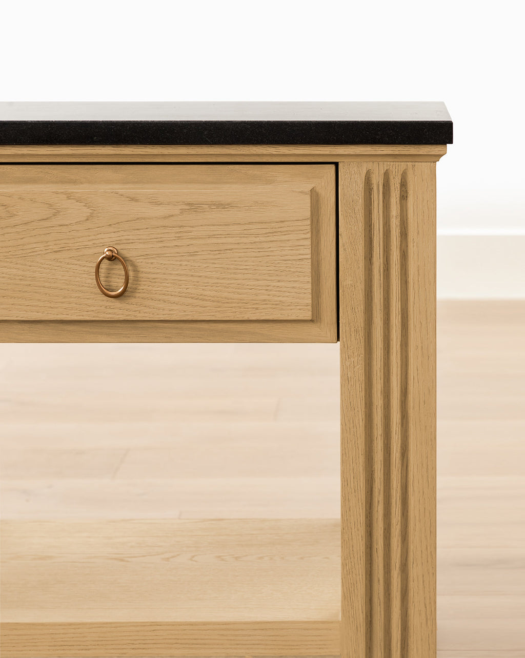Vintage Drift Oak Nightstand with Granite Top & Fluted Detail for Bedroom