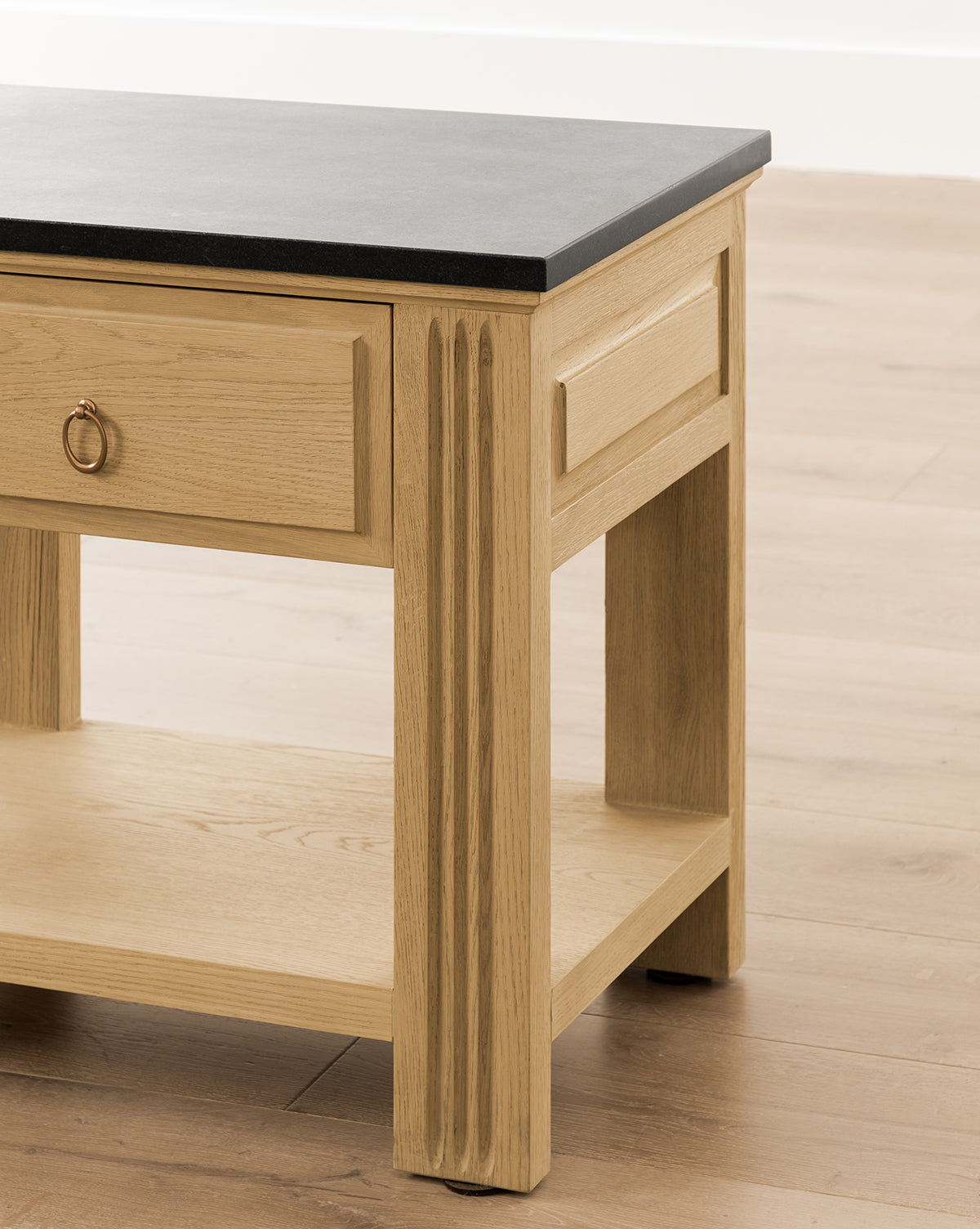 Vintage Drift Oak Nightstand with Granite Top & Fluted Detail for Bedroom