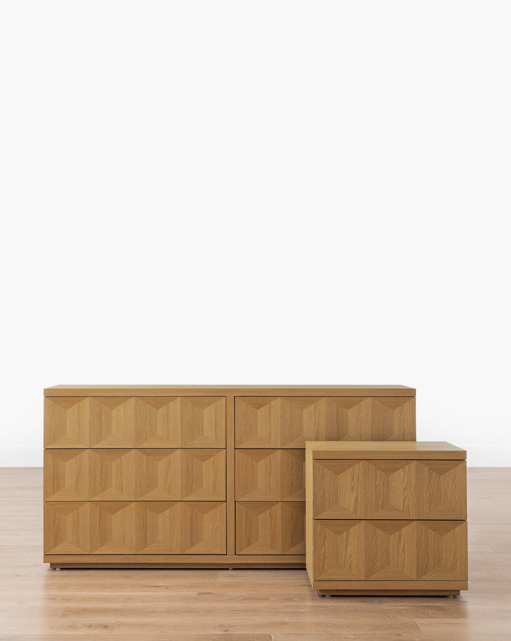 Artisan White Oak Nightstand with Geometric Motifs & Spacious Storage for Bedroom