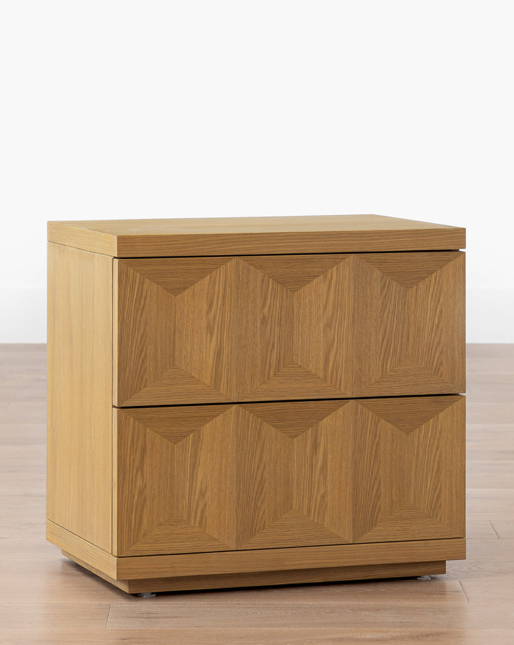 Artisan White Oak Nightstand with Geometric Motifs & Spacious Storage for Bedroom