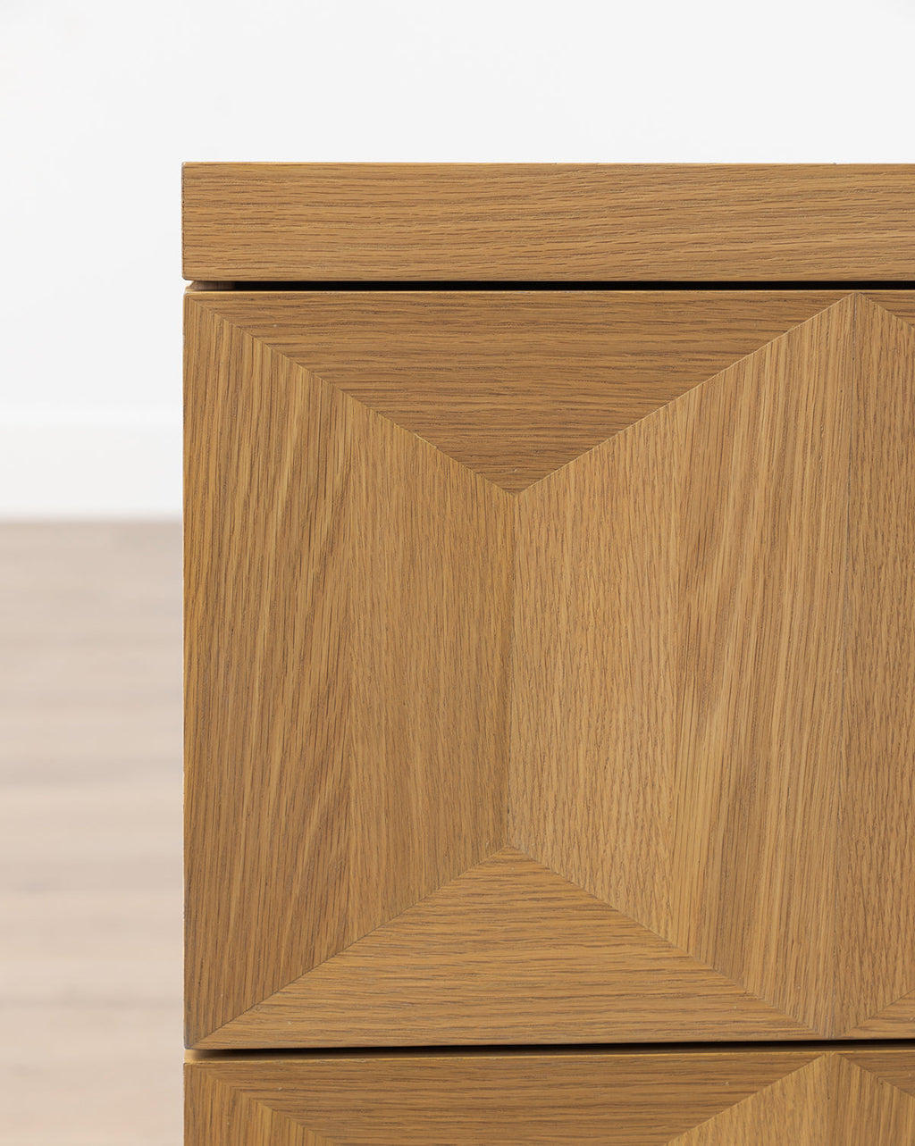 Artisan White Oak Nightstand with Geometric Motifs & Spacious Storage for Bedroom