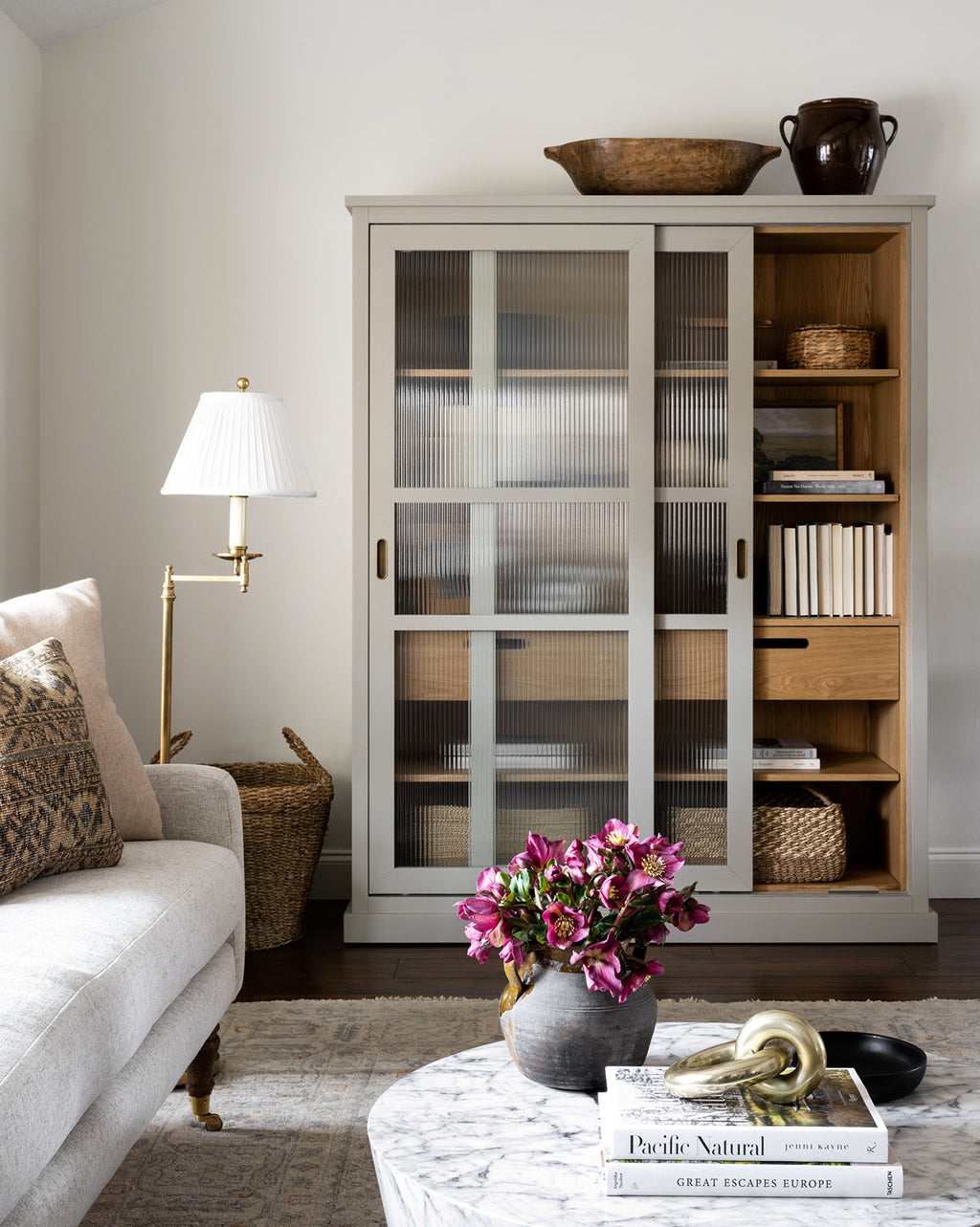 Contemporary Painted Oak Cabinet with Sliding Reeded Glass Doors for Living Room