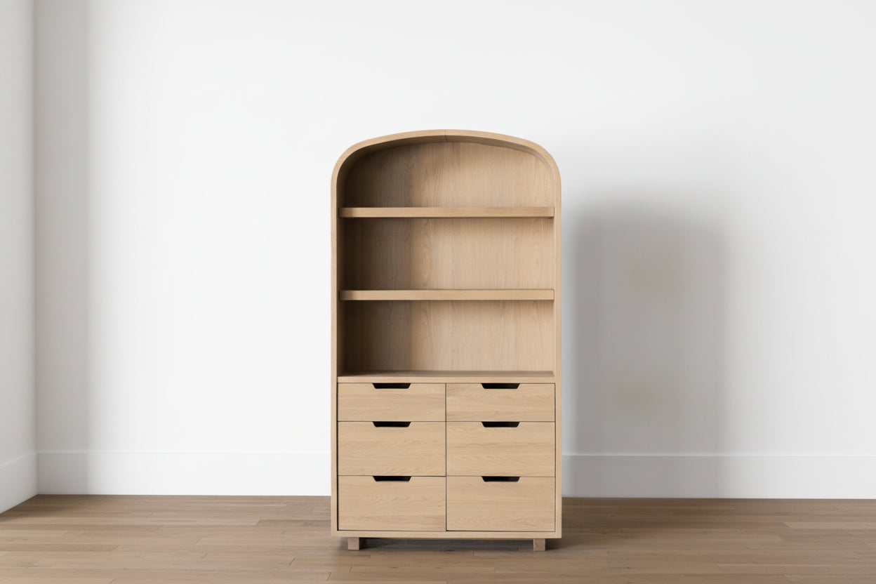Modern Oak Cabinet with Arched Shape & Six Drawers for Living Room