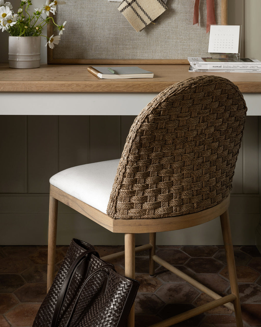 Rustic Solid Oak Dining Chair with Woven Back & White Cushion for Dining Room