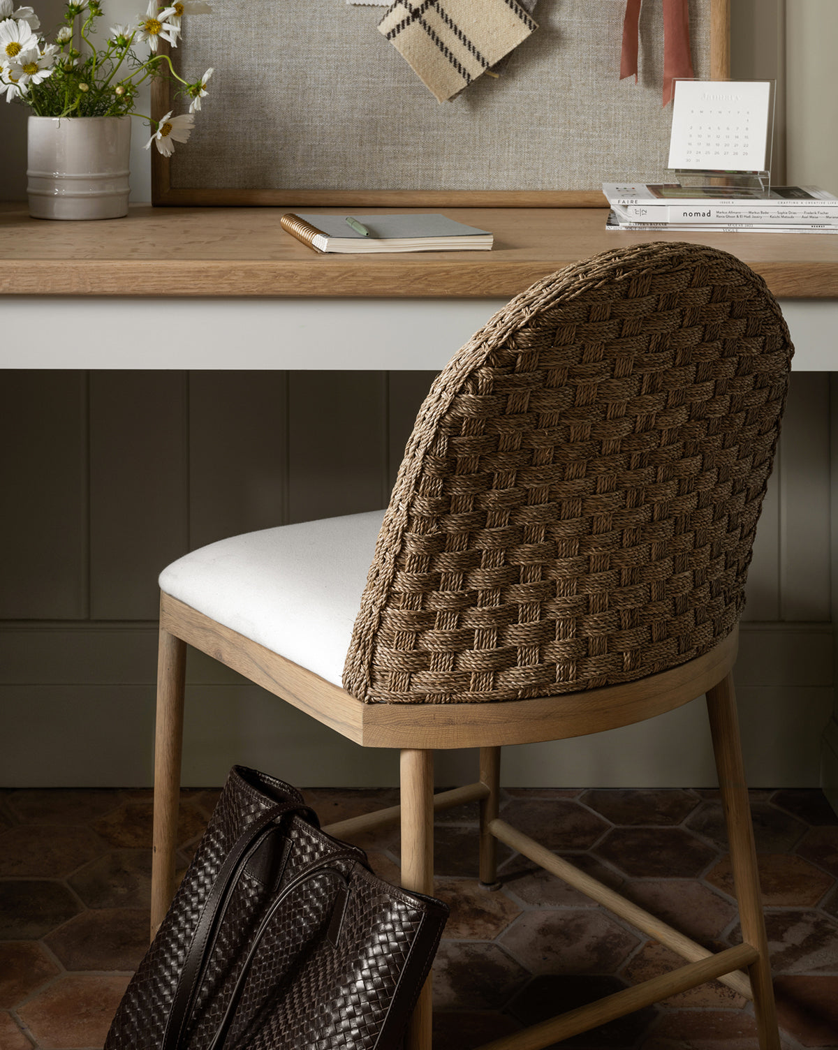 Rustic Solid Oak Dining Chair with Woven Back & White Cushion for Dining Room