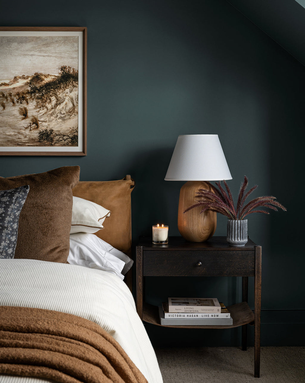 Rustic Oak Nightstand with Leather Shelf & Round Pull for Bedroom