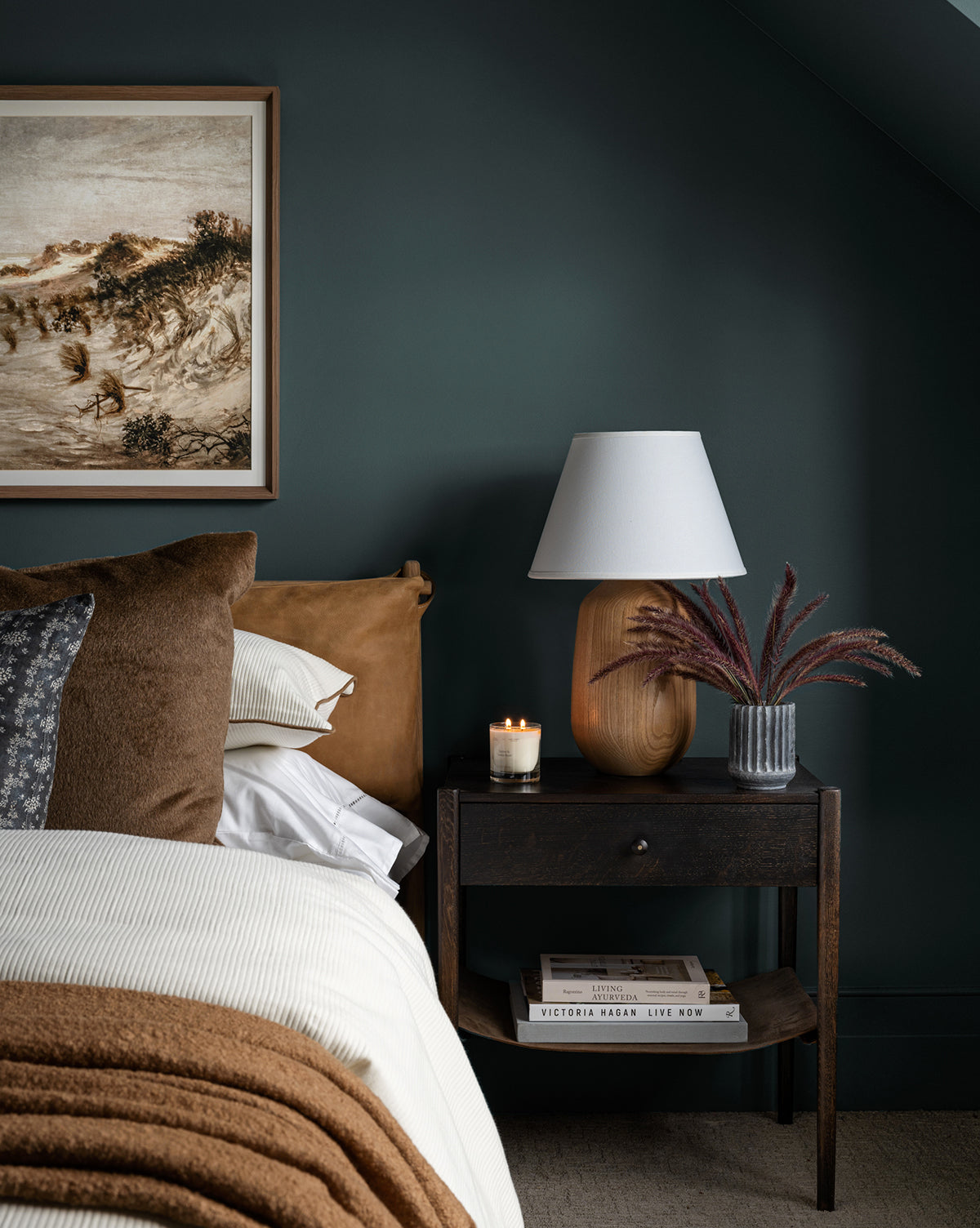 Rustic Oak Nightstand with Leather Shelf & Round Pull for Bedroom