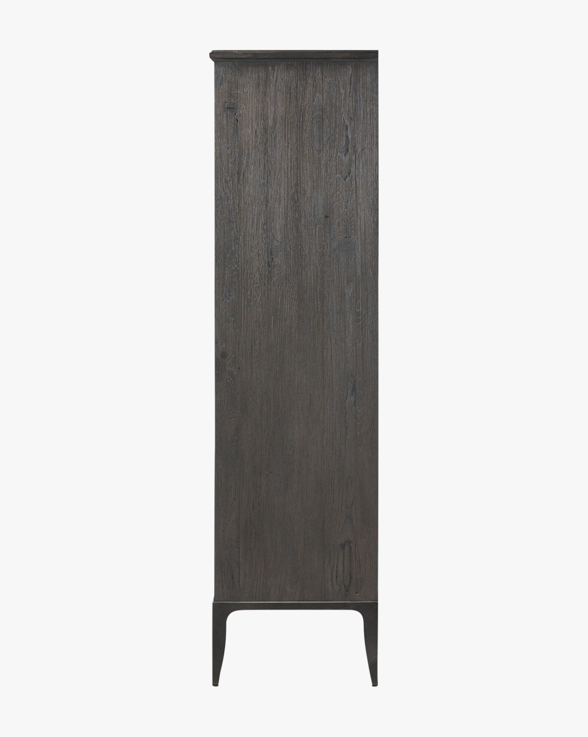 Industrial Worn Black Oak Cabinet with Glass Doors & Ring-Pull Hardware for Living Room