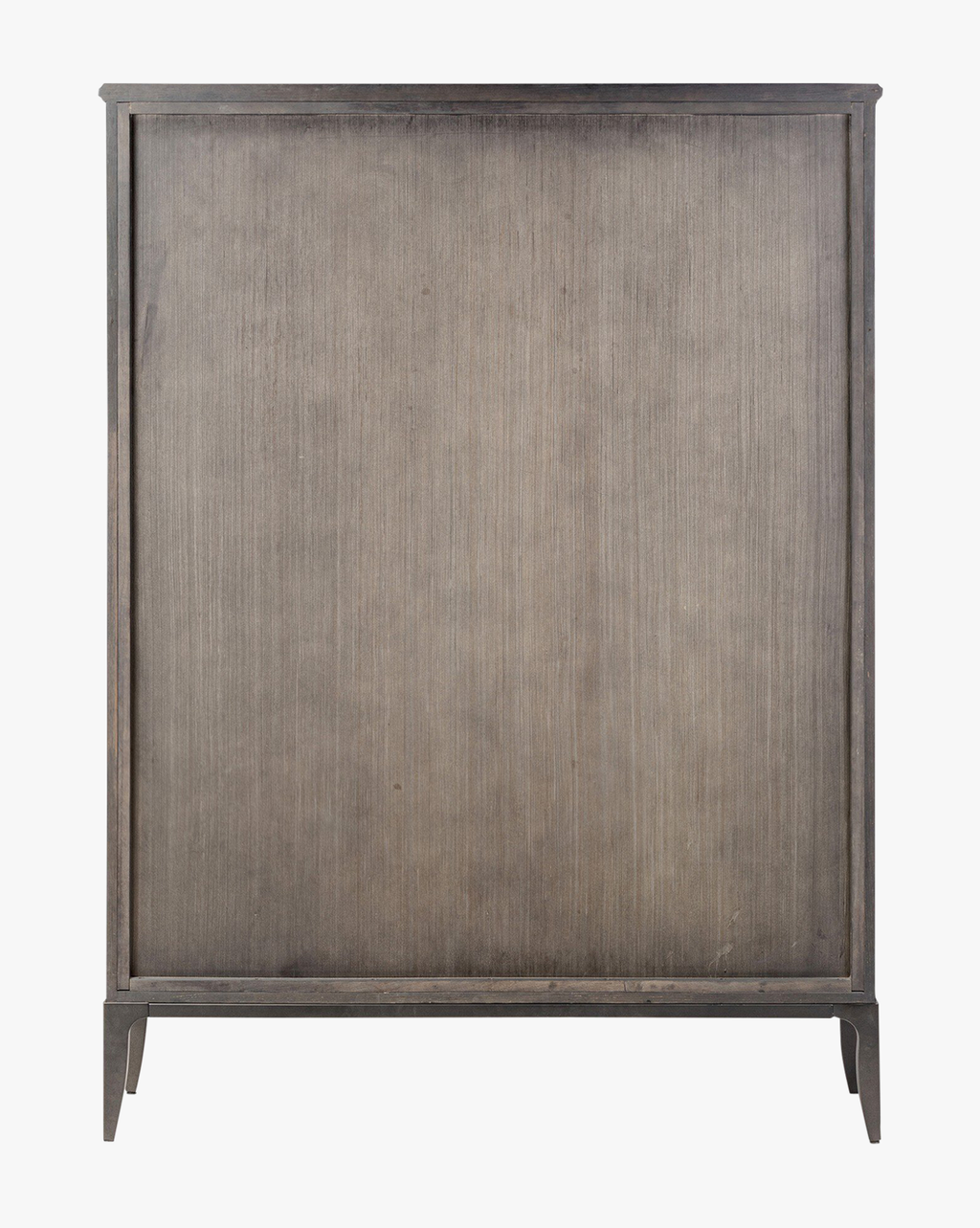Industrial Worn Black Oak Cabinet with Glass Doors & Ring-Pull Hardware for Living Room