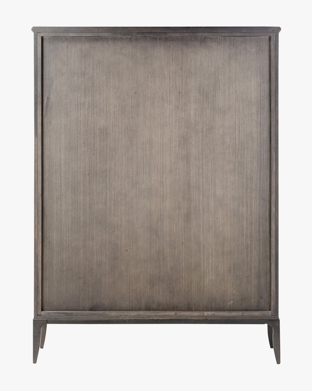 Industrial Worn Black Oak Cabinet with Glass Doors & Ring-Pull Hardware for Living Room