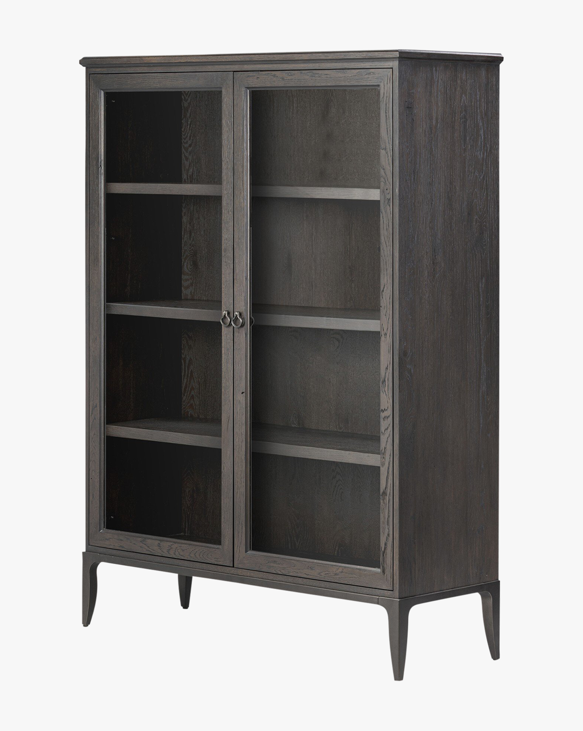 Industrial Worn Black Oak Cabinet with Glass Doors & Ring-Pull Hardware for Living Room