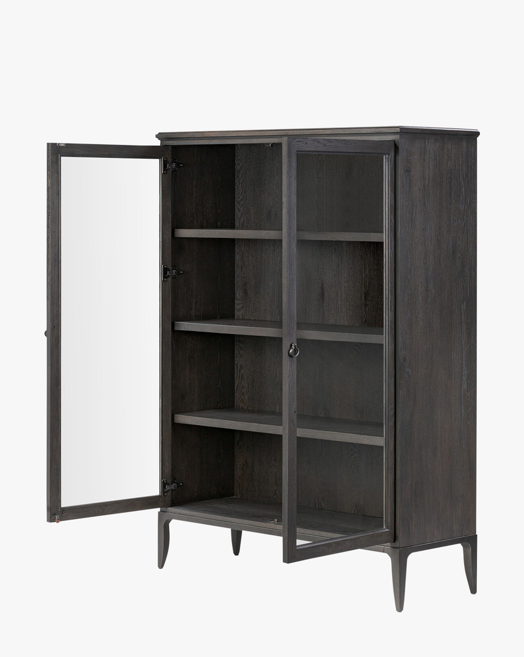 Industrial Worn Black Oak Cabinet with Glass Doors & Ring-Pull Hardware for Living Room