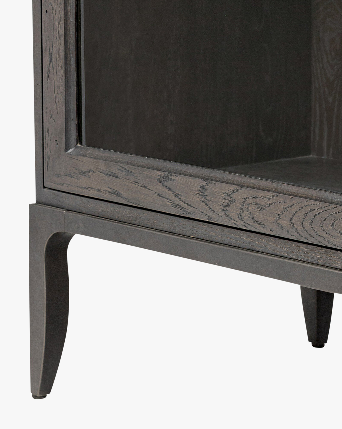 Industrial Worn Black Oak Cabinet with Glass Doors & Ring-Pull Hardware for Living Room