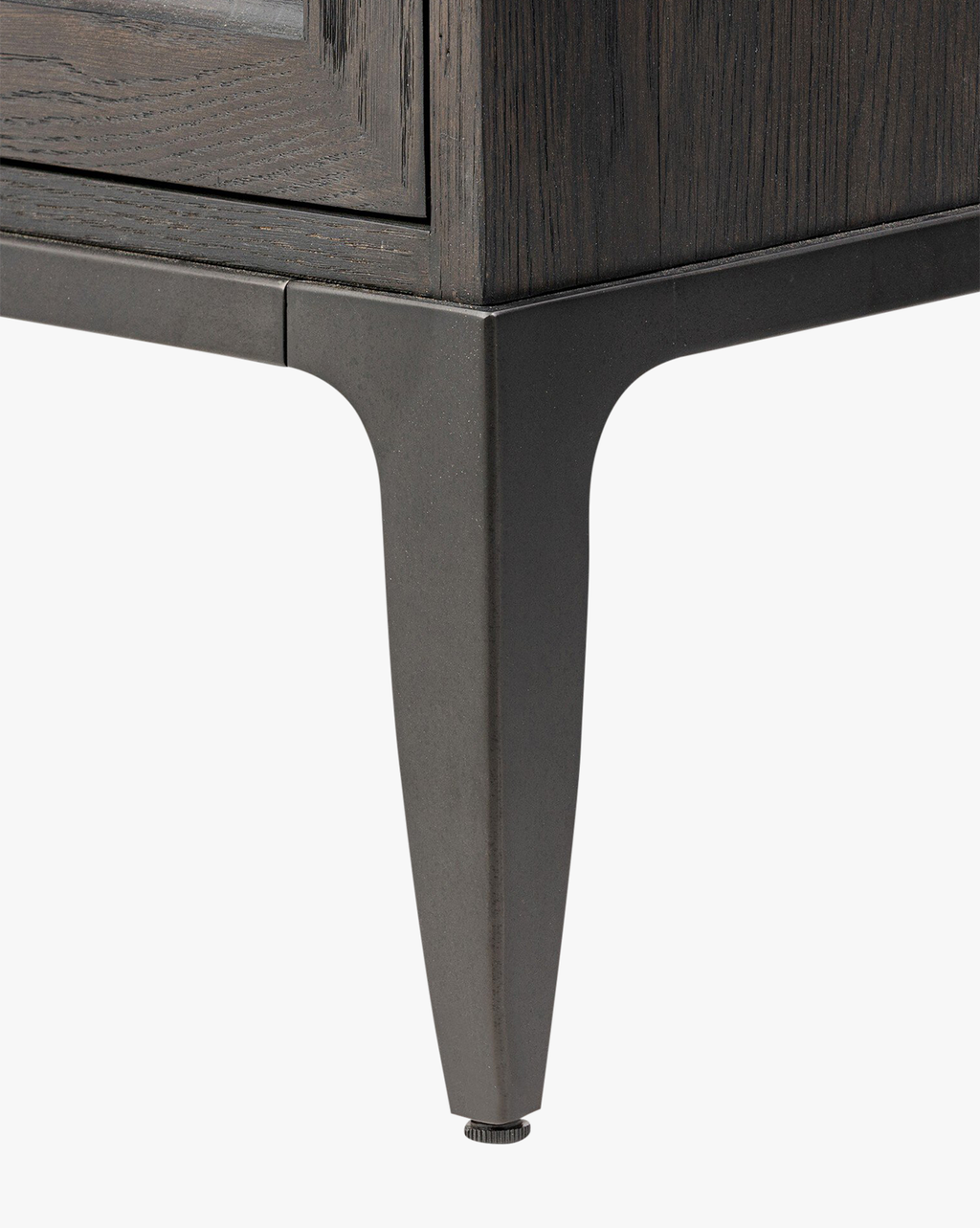 Industrial Worn Black Oak Cabinet with Glass Doors & Ring-Pull Hardware for Living Room