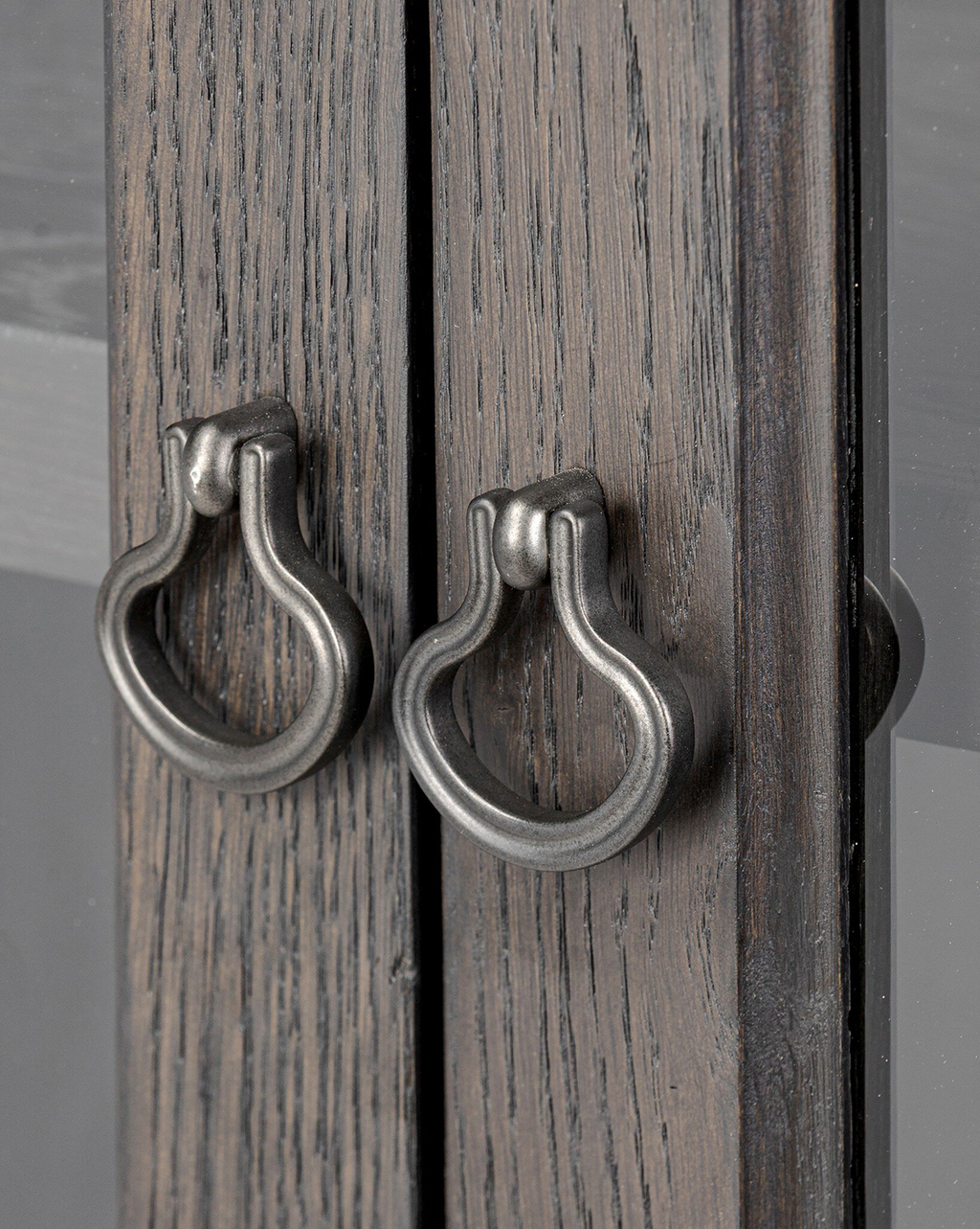 Industrial Worn Black Oak Cabinet with Glass Doors & Ring-Pull Hardware for Living Room