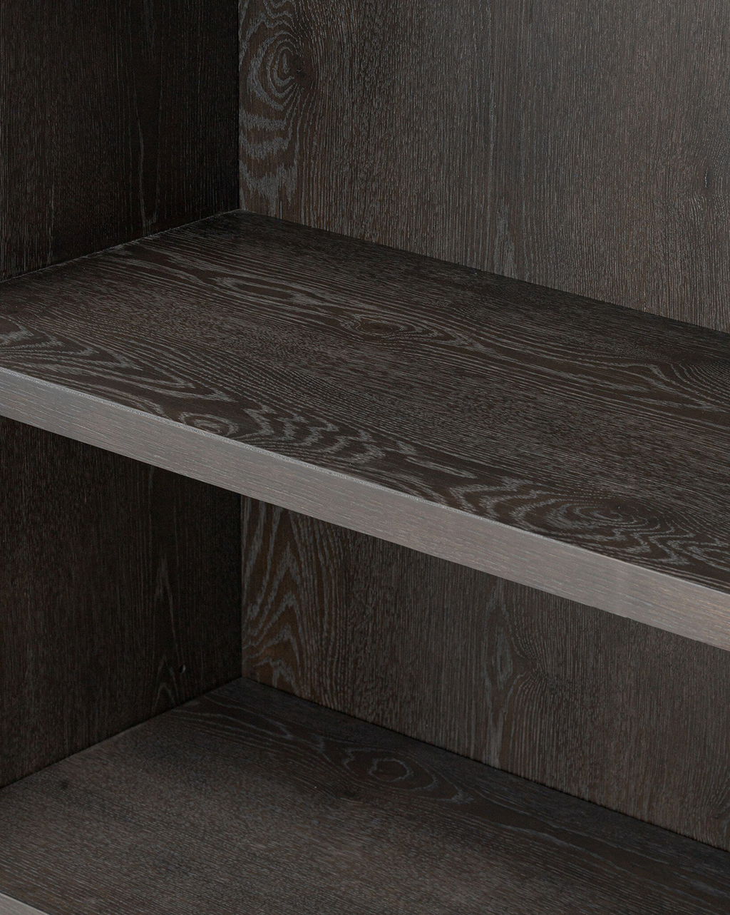 Industrial Worn Black Oak Cabinet with Glass Doors & Ring-Pull Hardware for Living Room