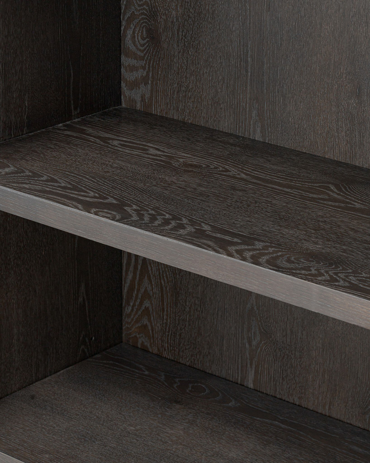 Industrial Worn Black Oak Cabinet with Glass Doors & Ring-Pull Hardware for Living Room