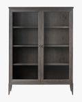 Industrial Worn Black Oak Cabinet with Glass Doors & Ring-Pull Hardware for Living Room