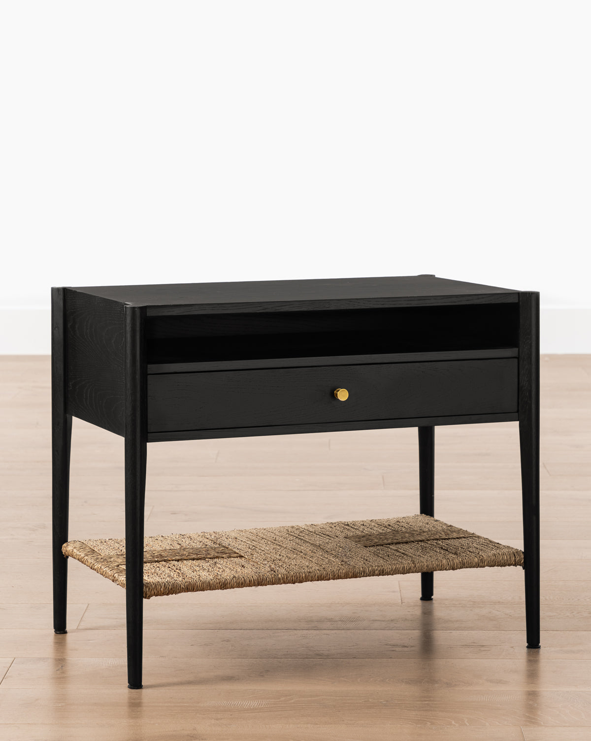 Coastal Wood Nightstand with Woven Seagrass Shelf & Brass Hardware for Bedroom