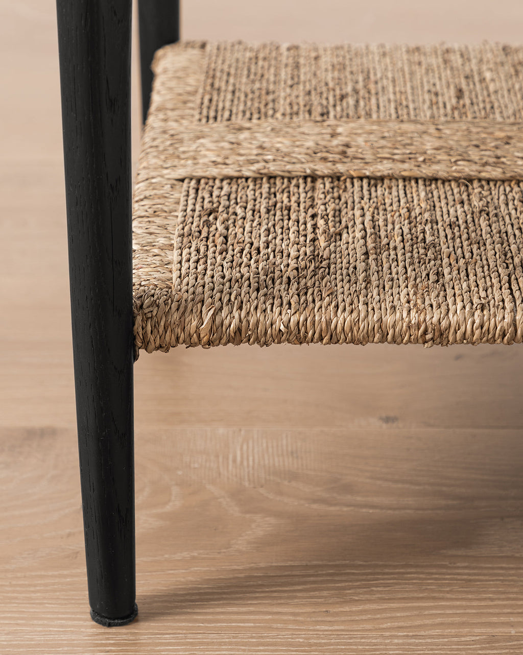 Coastal Wood Nightstand with Woven Seagrass Shelf & Brass Hardware for Bedroom