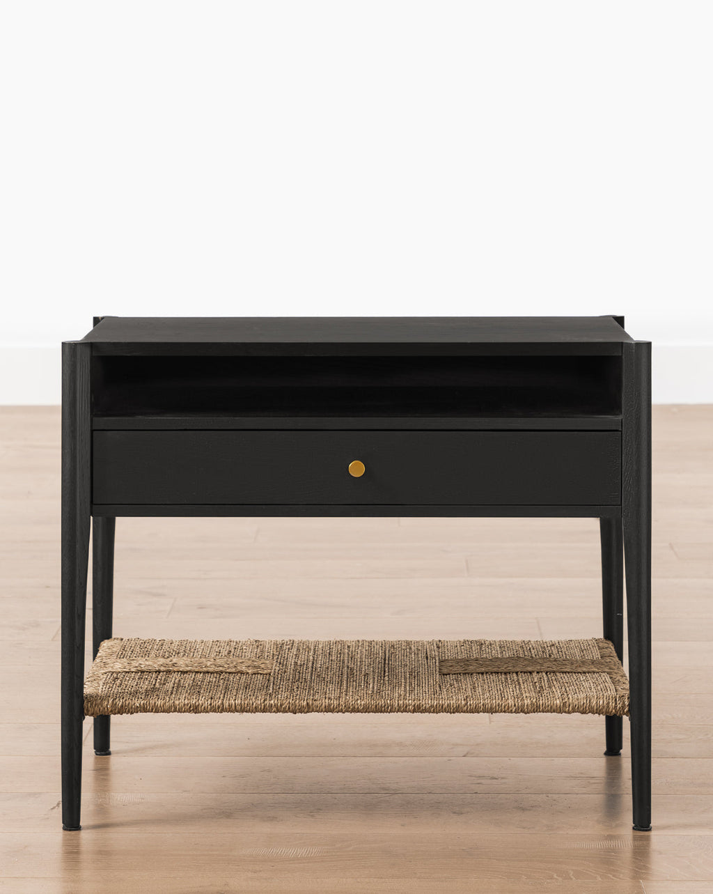 Coastal Wood Nightstand with Woven Seagrass Shelf & Brass Hardware for Bedroom
