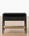 Coastal Wood Nightstand with Woven Seagrass Shelf & Brass Hardware for Bedroom