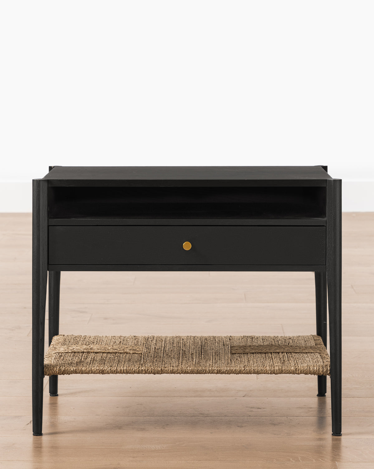 Coastal Wood Nightstand with Woven Seagrass Shelf & Brass Hardware for Bedroom
