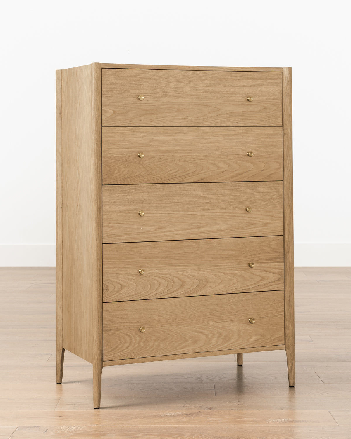Heritage White Oak Tallboy Dresser with Five Drawers & Brass Hardware for Bedroom