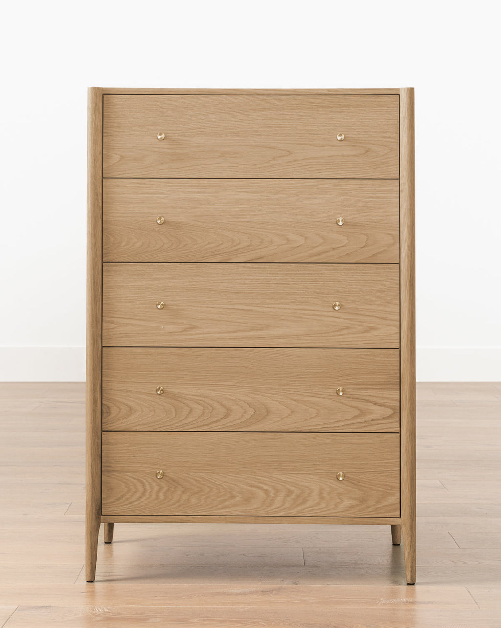 Heritage White Oak Tallboy Dresser with Five Drawers & Brass Hardware for Bedroom