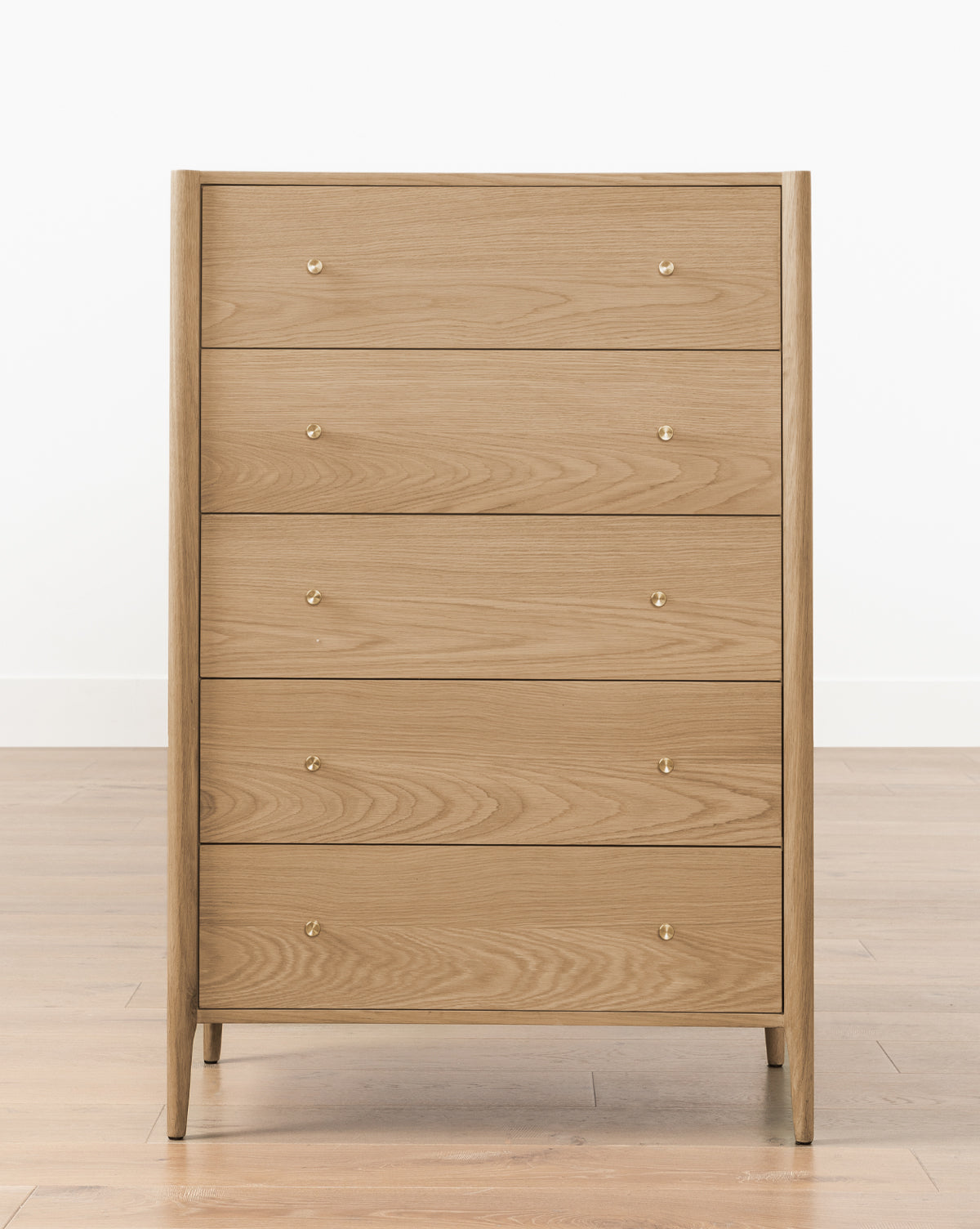 Heritage White Oak Tallboy Dresser with Five Drawers & Brass Hardware for Bedroom