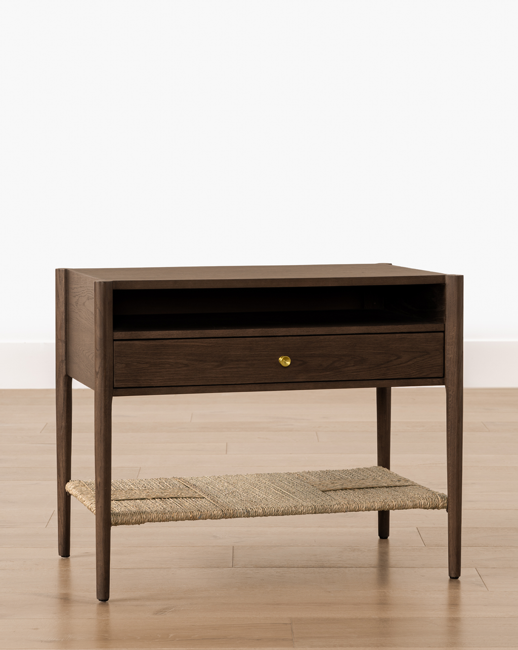 Coastal White Oak Nightstand with Woven Seagrass Shelf & Brass Hardware for Bedroom