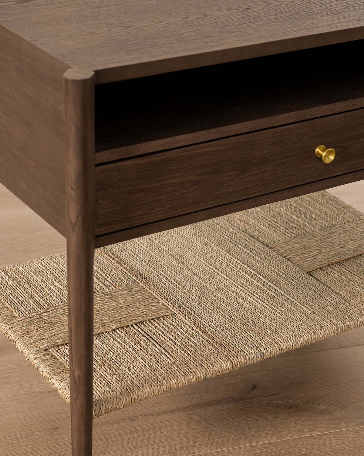 Coastal White Oak Nightstand with Woven Seagrass Shelf & Brass Hardware for Bedroom