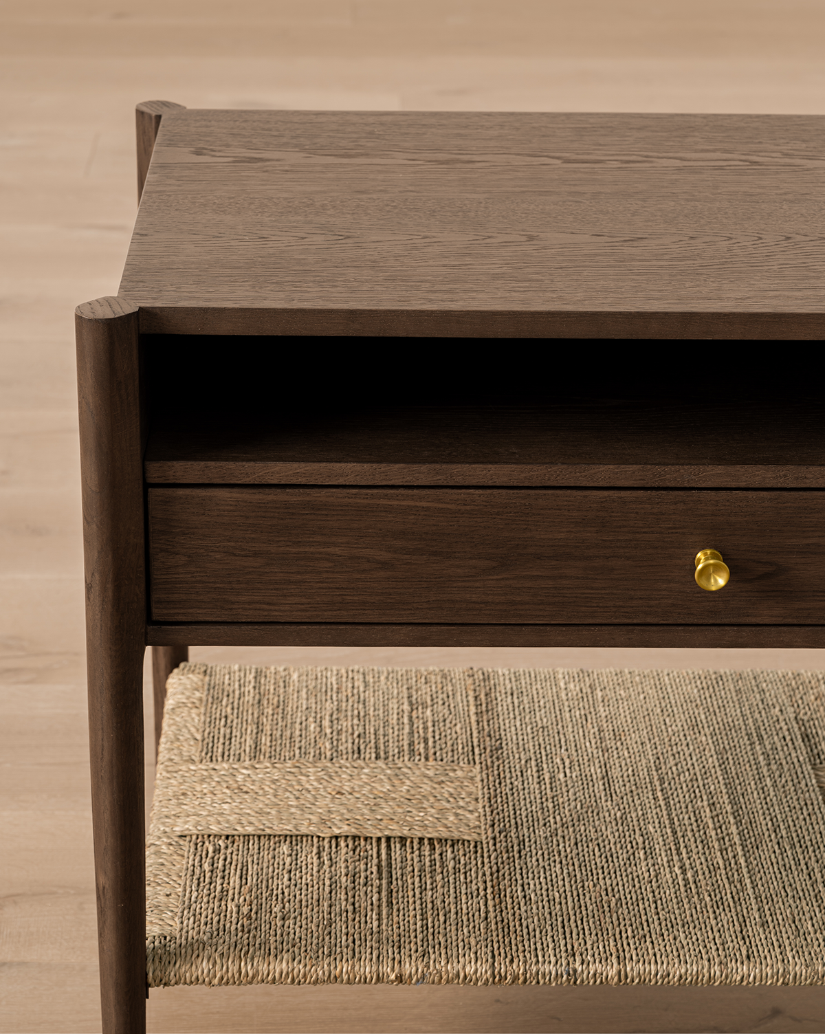 Coastal White Oak Nightstand with Woven Seagrass Shelf & Brass Hardware for Bedroom