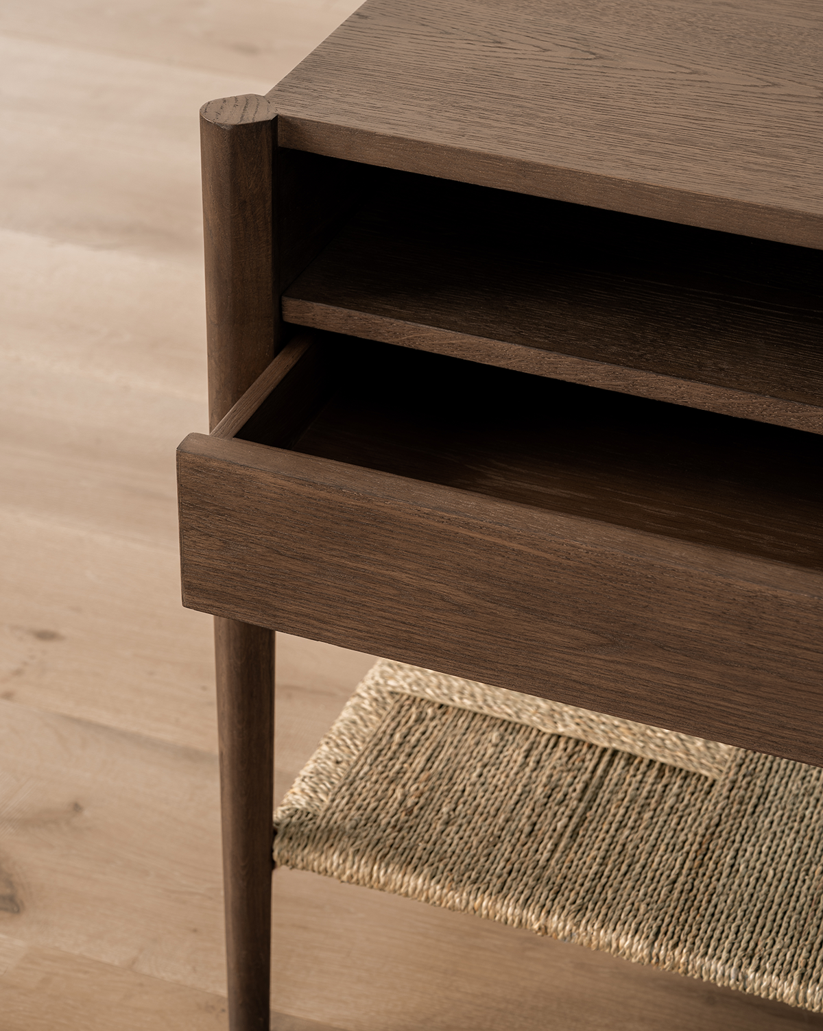 Coastal White Oak Nightstand with Woven Seagrass Shelf & Brass Hardware for Bedroom