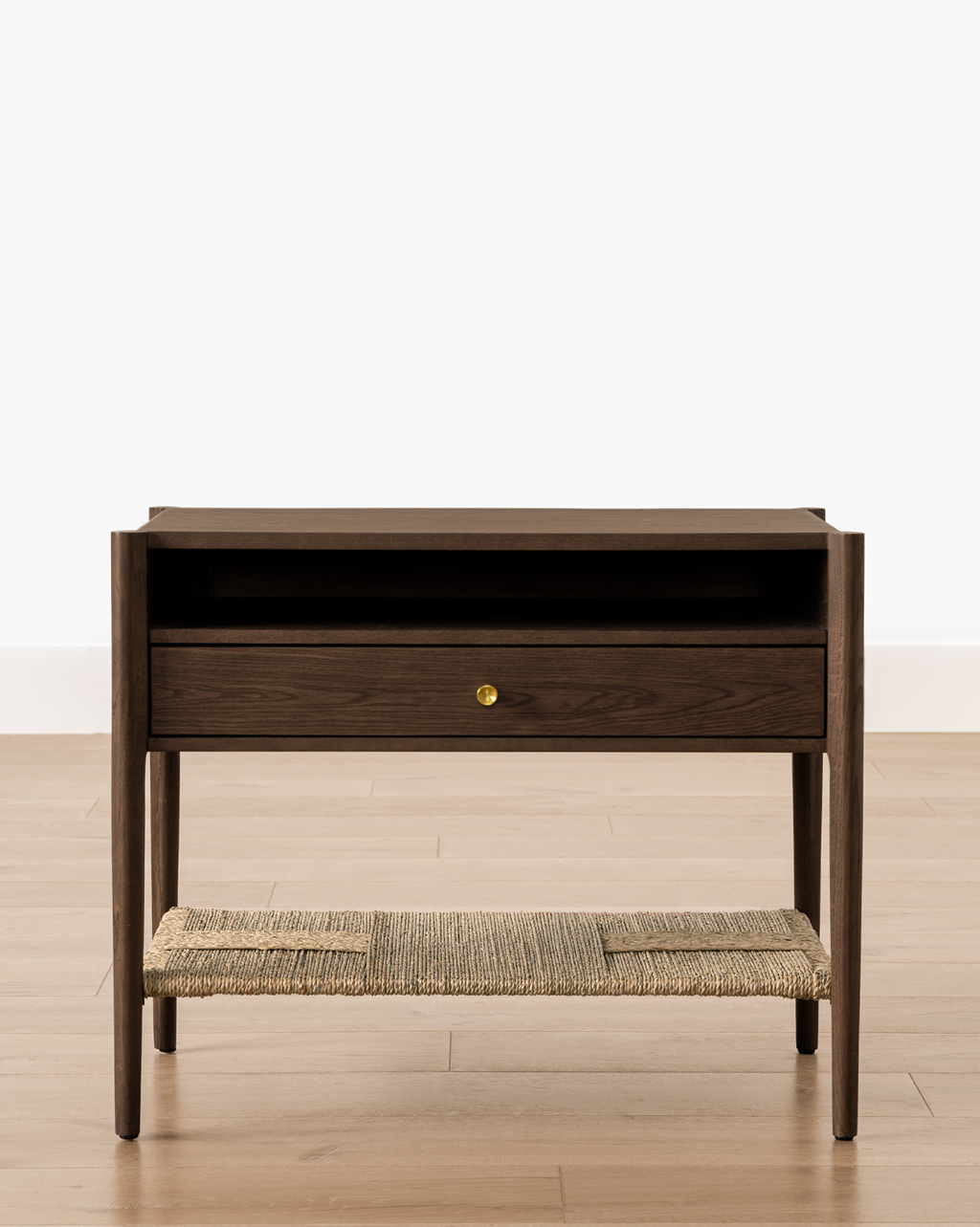 Coastal White Oak Nightstand with Woven Seagrass Shelf & Brass Hardware for Bedroom