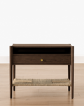 Coastal White Oak Nightstand with Woven Seagrass Shelf & Brass Hardware for Bedroom