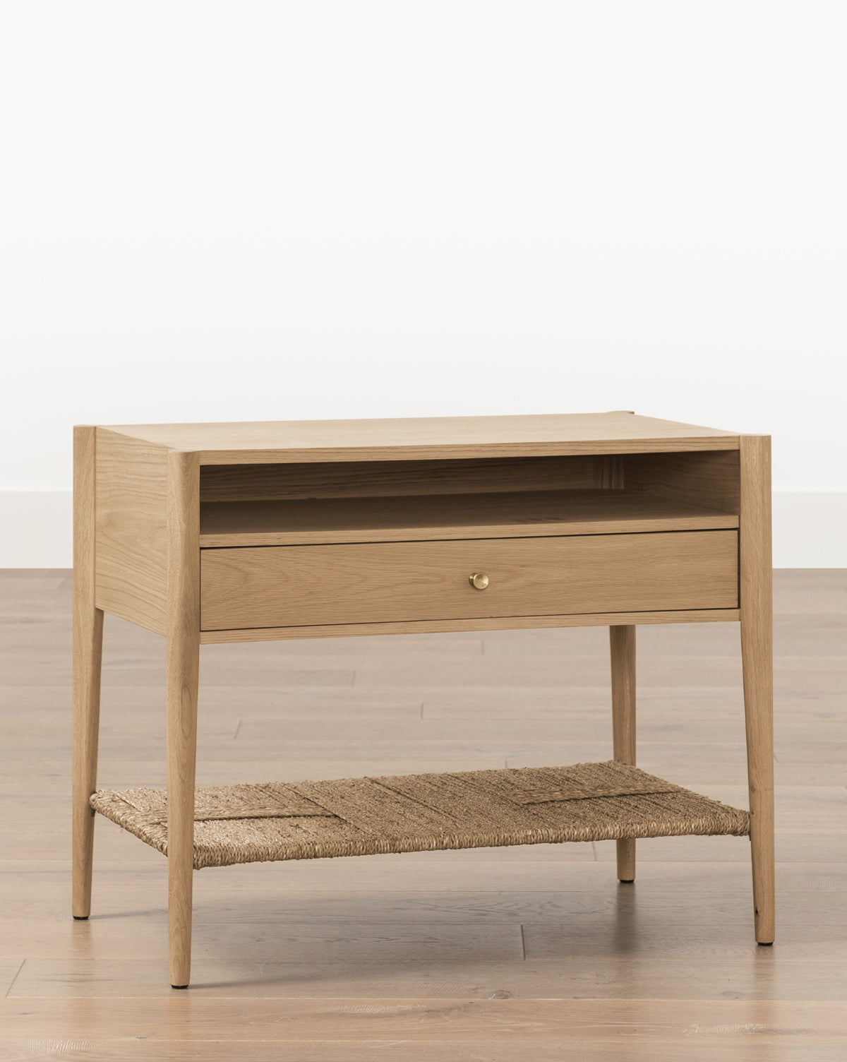 Coastal White Oak Nightstand with Woven Seagrass Shelf & Brass Hardware for Bedroom