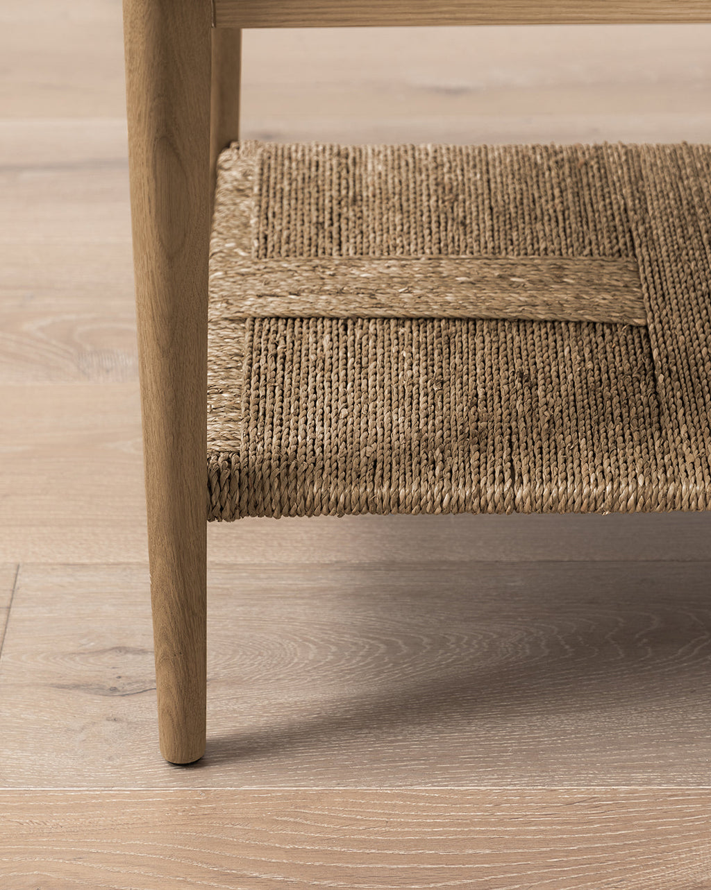 Coastal White Oak Nightstand with Woven Seagrass Shelf & Brass Hardware for Bedroom