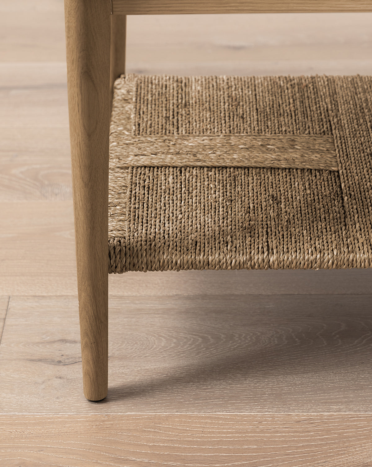 Coastal White Oak Nightstand with Woven Seagrass Shelf & Brass Hardware for Bedroom
