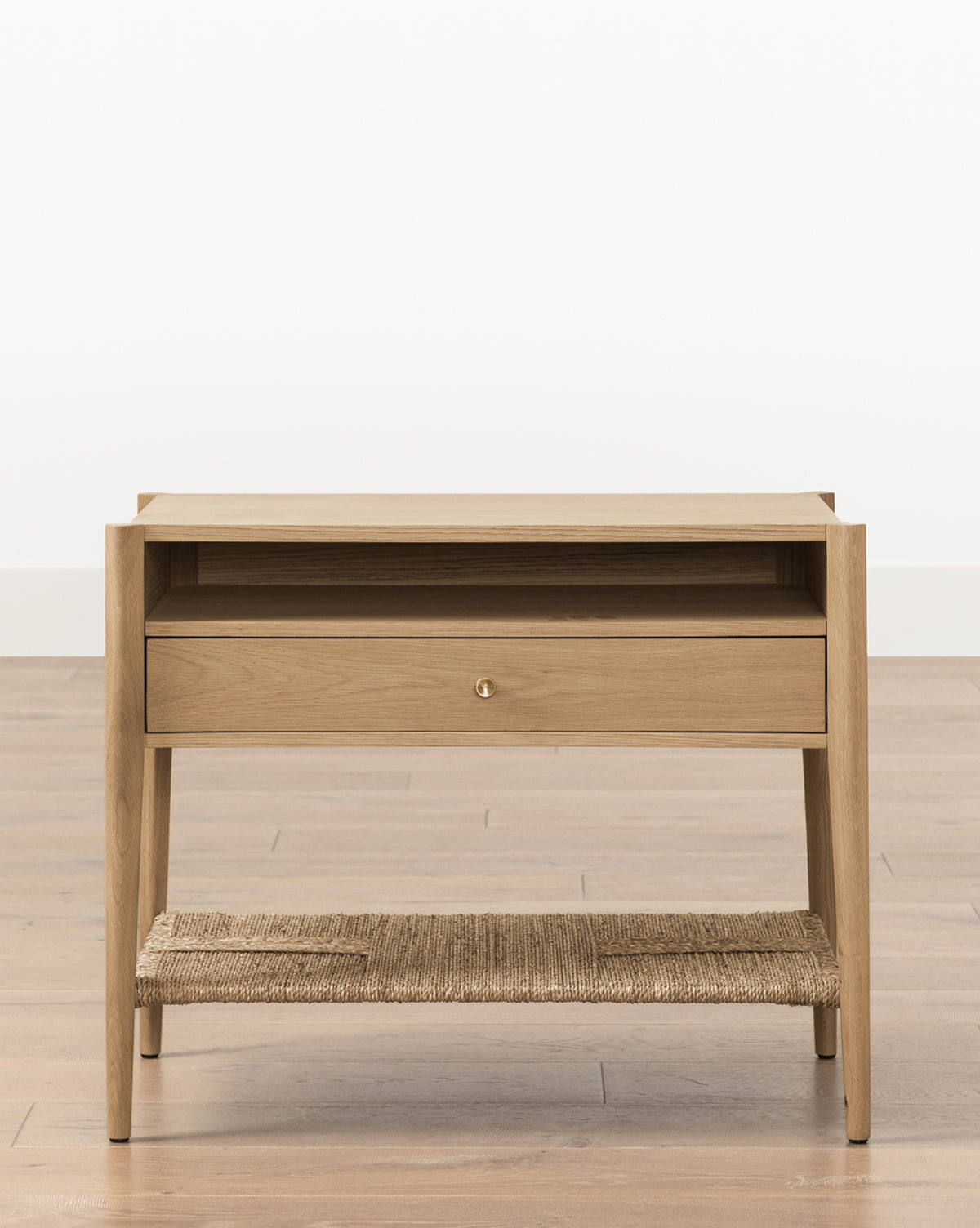 Coastal White Oak Nightstand with Woven Seagrass Shelf & Brass Hardware for Bedroom